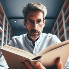 Bearded grey-haired man wearing glasses and reading a book with bookshelves in the background