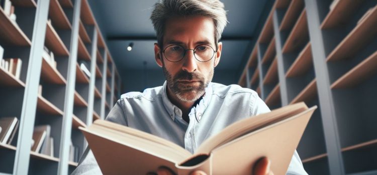 Bearded grey-haired man wearing glasses and reading a book with bookshelves in the background