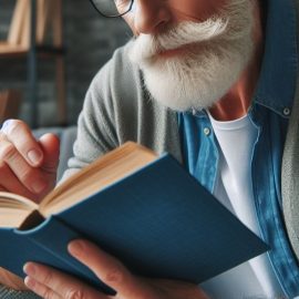 A white-bearded man wearing glasses and reading a blue book with books and plants on a shelf in the background