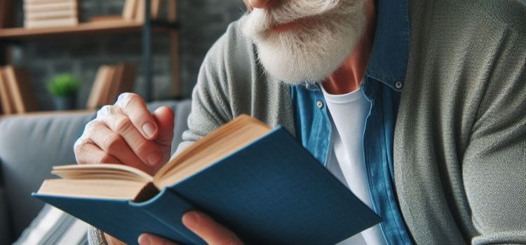 A white-bearded man wearing glasses and reading a blue book with books and plants on a shelf in the background