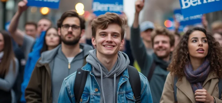 Young men at a political rally with blue signs that say "Bernie" illustrate Bernie Bros