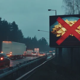 A billboard next to a highway that shows a bowl of chips with a red X through it, showing what can be done to stop the effects of ultra-processed foods