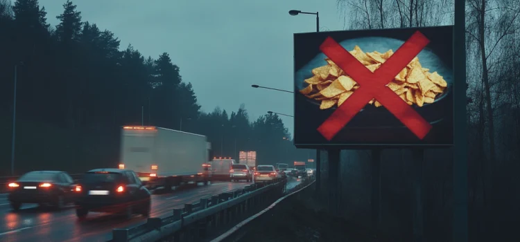 A billboard next to a highway that shows a bowl of chips with a red X through it, showing what can be done to stop the effects of ultra-processed foods