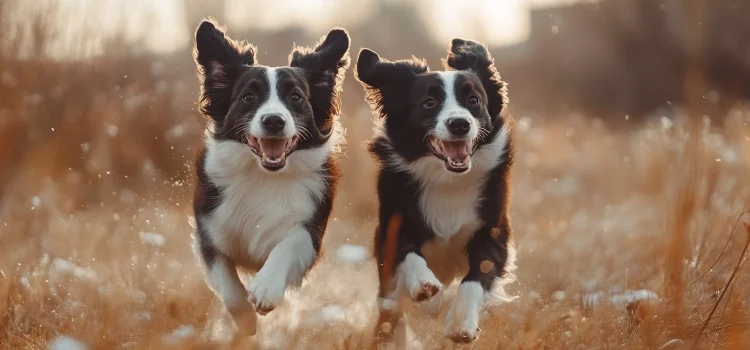 Two border collies running through a field, showing why border collies are the best dogs