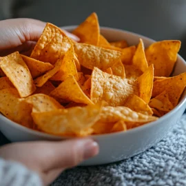 Hands holding a bowl of orange chips, which are an ultra-processed food