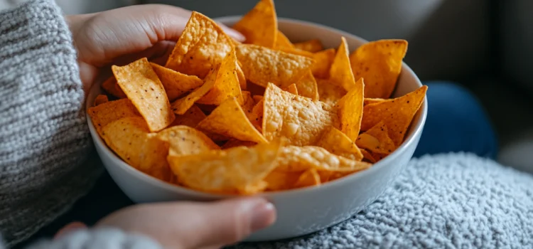 Hands holding a bowl of orange chips, which are an ultra-processed food