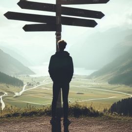 A man standing at a crossroads with signs that point in various directions illustrates counterfactual reasoning