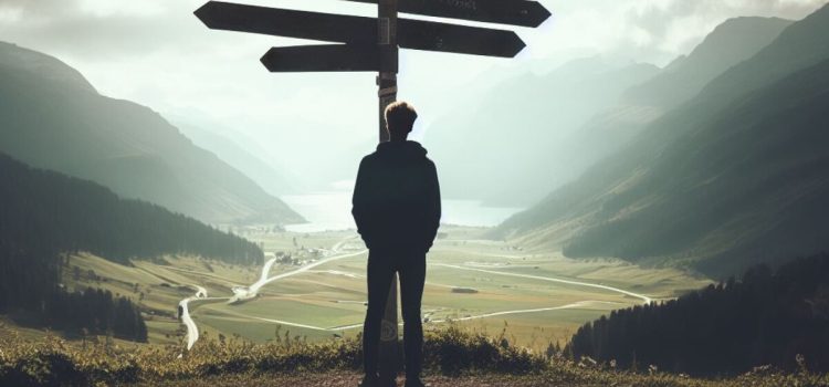 A man standing at a crossroads with signs that point in various directions illustrates counterfactual reasoning