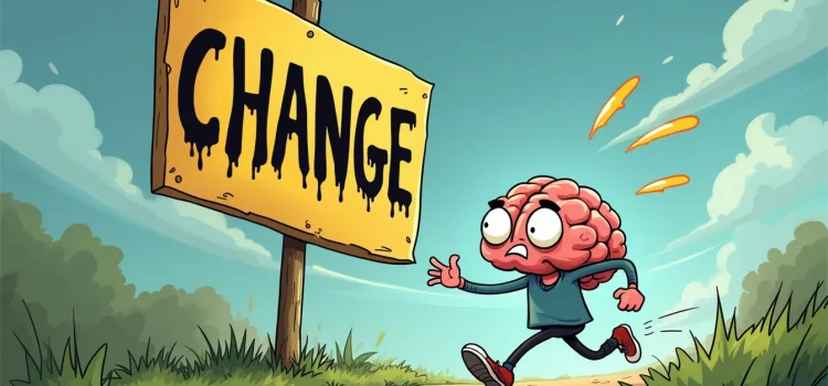 A cartoon of a sign that says "CHANGE" and a brain running away from it illustrates the psychology of change