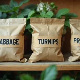 A shelf in a nursery with seed packets labeled "CABBAGE," "TURNIPS," and "PROBLEMS" illustrates that small problems grow