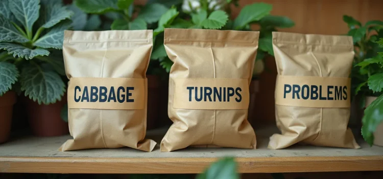 A shelf in a nursery with seed packets labeled "CABBAGE," "TURNIPS," and "PROBLEMS" illustrates that small problems grow