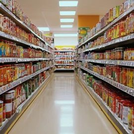 A grocery store aisle full of canned foods that contain flavor enhancers and other chemicals