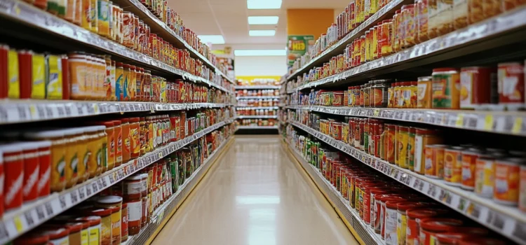 A grocery store aisle full of canned foods that contain flavor enhancers and other chemicals