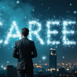 A man in a business suit seen from the back looking at the word "CAREER" written in the sky illustrates career foresight