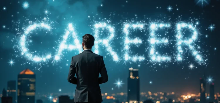 A man in a business suit seen from the back looking at the word "CAREER" written in the sky illustrates career foresight