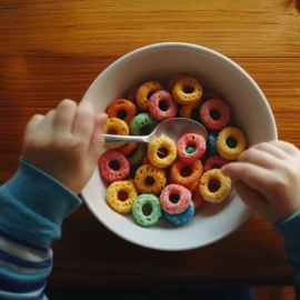 The hands of a child holding a spoon over an ultra-processed bowl of colorful cereal