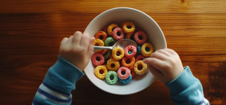 The hands of a child holding a spoon over an ultra-processed bowl of colorful cereal