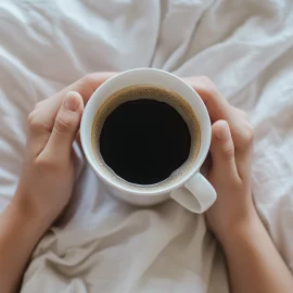 Two hands holding coffee in bed, showing drinks and foods that affect sleep