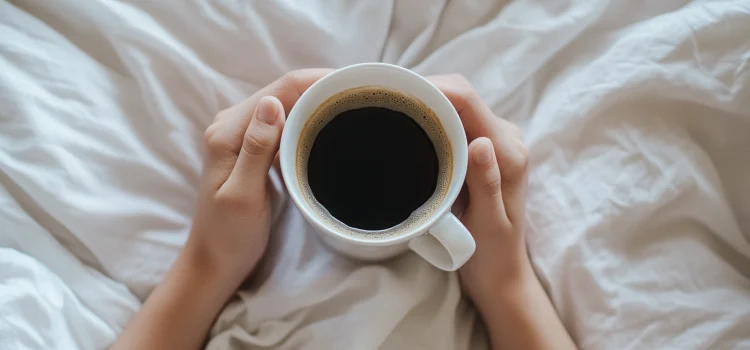 Two hands holding coffee in bed, showing drinks and foods that affect sleep