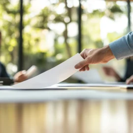 A person proposes a solution by putting a piece of paper on a conference room table as others look on