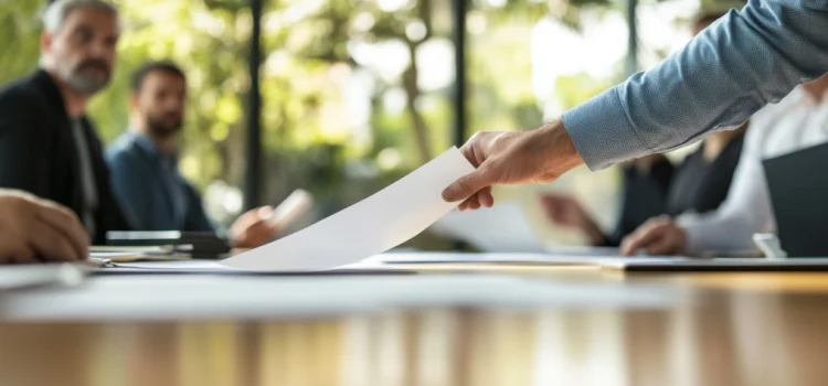 A person proposes a solution by putting a piece of paper on a conference room table as others look on