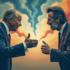 Two men in suits debating each other with red, white, and blue clouds in the background depicts conservatism vs progressivism