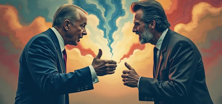 Two men in suits debating each other with red, white, and blue clouds in the background depicts conservatism vs progressivism