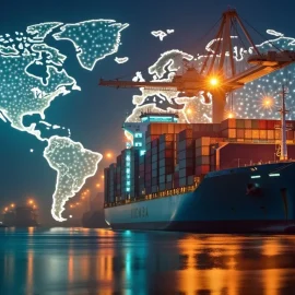 A container ship in a harbor at nighttime with a lighted world map in the sky illustrates globalization after WWII