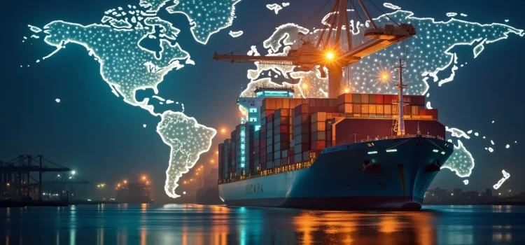 A container ship in a harbor at nighttime with a lighted world map in the sky illustrates globalization after WWII