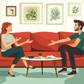 A cartoon of a man and woman arguing on a couch illustrates the importance of conflict resolution