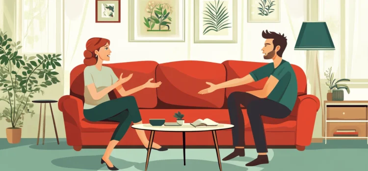 A cartoon of a man and woman arguing on a couch illustrates the importance of conflict resolution