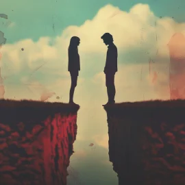 A woman and man standing on opposite sides of a chasm illustrate unresolvable conflict