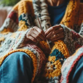 A woman sitting on a couch who is tapping into her creativity by crocheting a blanket