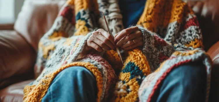 A woman sitting on a couch who is tapping into her creativity by crocheting a blanket