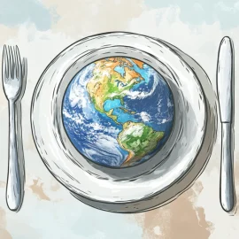 A cartoon of planet Earth on a dinner plate, signifying the environmental impacts of food production