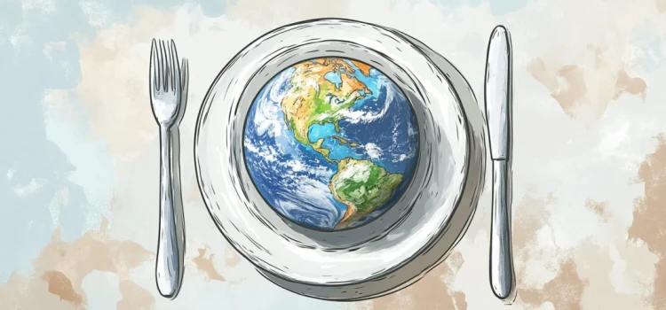 A cartoon of planet Earth on a dinner plate, signifying the environmental impacts of food production