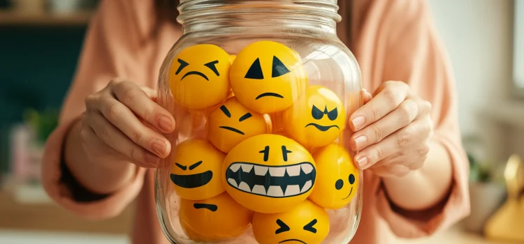 A mother holding a jar of angry emotions as emotional regulation for parents