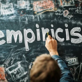 A man writing the word "empiricism" on a chalkboard illustrates a critique of empiricism