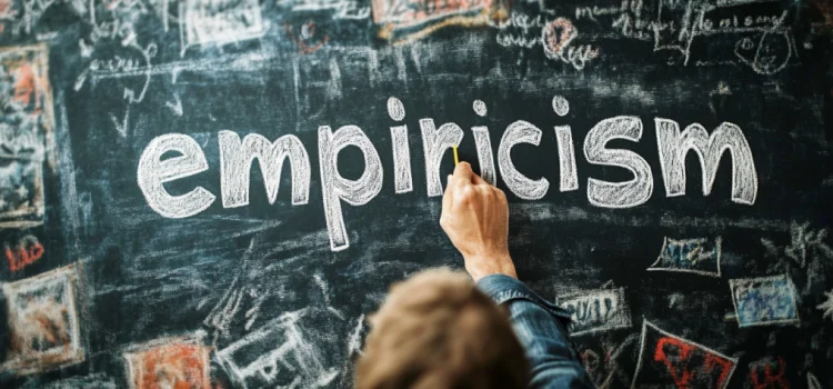 A man writing the word "empiricism" on a chalkboard illustrates a critique of empiricism