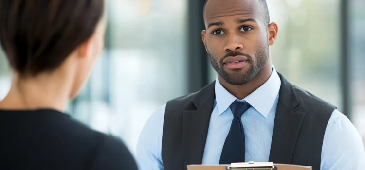 A manager holding a clipboard that has what to look for in an employee on it, while interviewing a prospective employee