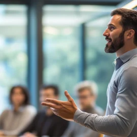 A manager who knows how to empower a team, giving a speech to employees during a meeting