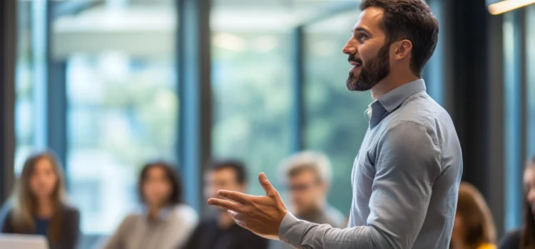 A manager who knows how to empower a team, giving a speech to employees during a meeting