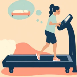 A woman running on a treadmill thinking about a bed, showing how sleep and healthy lifestyle are connected