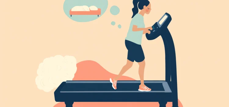 A woman running on a treadmill thinking about a bed, showing how sleep and healthy lifestyle are connected