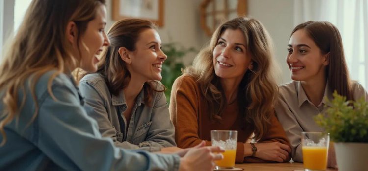 A group of four female friends talking and smiling illustrate Gemeinschaftsgefühl, Adler's concept of community feeling