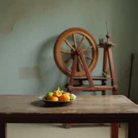 A plate of fruit on a table in a sparse room with a a spinning wheel (charkha) in the background illustrates brahmacharya