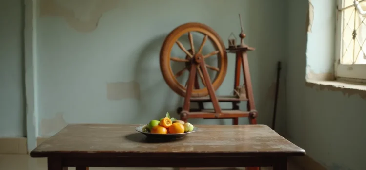 A plate of fruit on a table in a sparse room with a a spinning wheel (charkha) in the background illustrates brahmacharya