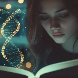 A woman reading a book in a study with a strand of DNA coming out of the book.