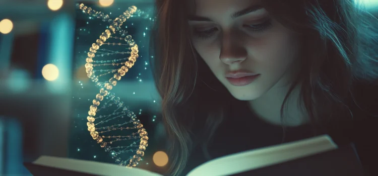 A woman reading a book in a study with a strand of DNA coming out of the book.