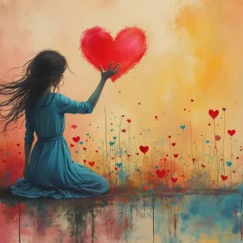 A girl surrounded by heart-shaped flowers and touching a heart in the air symbolizes that you are the love of your life